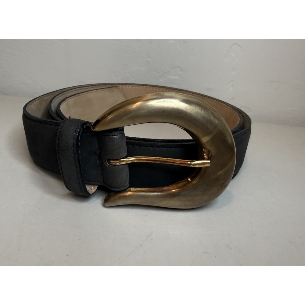 VTG 90s Harken Black Leather Belt Gold Sculptural Oversize Statement Buckle USA